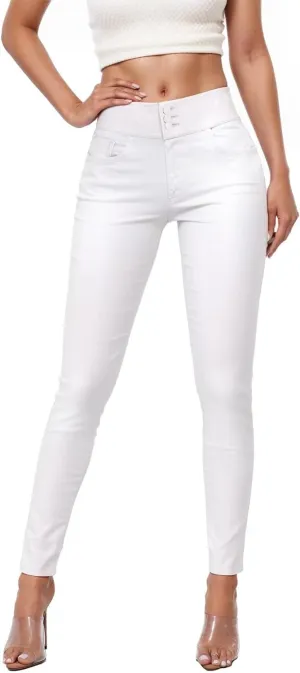 Hybrid & Company Womens Hyper Ultra Stretch Comfy Skinny Leg 3 Button Wide Waist Work Casual Pants