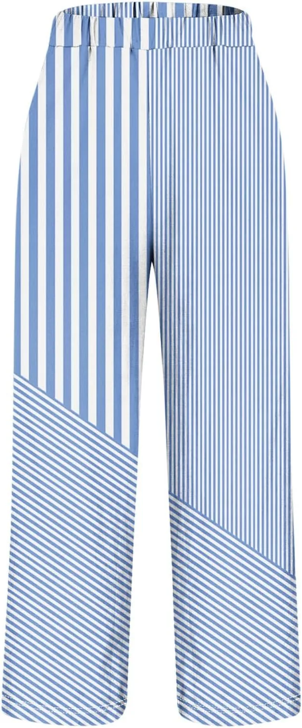 JOAU Women Linen Striped Pants Lightweight Summer Casual Loose Beach Elastic High Waist Straight Leg Trousers with Pockets