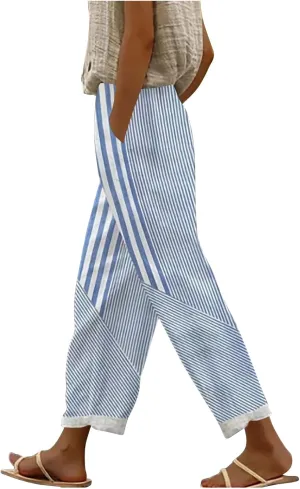 JOAU Women Linen Striped Pants Lightweight Summer Casual Loose Beach Elastic High Waist Straight Leg Trousers with Pockets