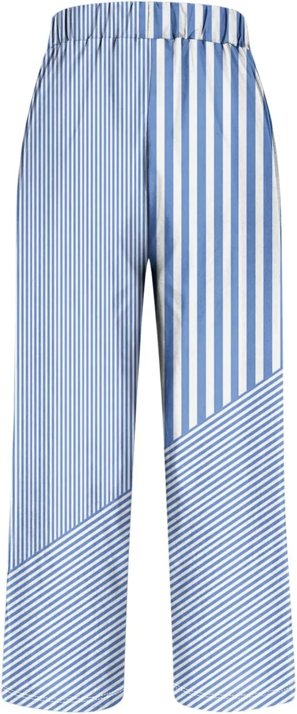 JOAU Women Linen Striped Pants Lightweight Summer Casual Loose Beach Elastic High Waist Straight Leg Trousers with Pockets