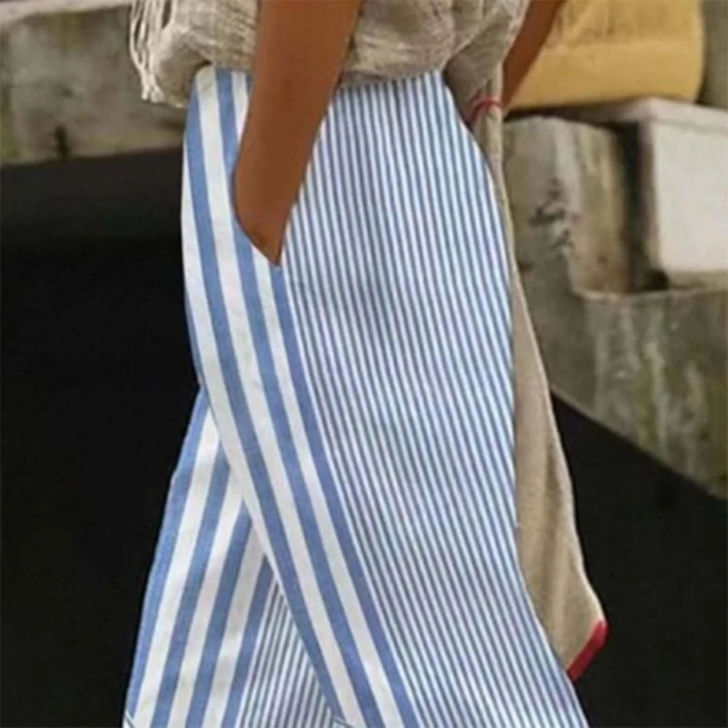 JOAU Women Linen Striped Pants Lightweight Summer Casual Loose Beach Elastic High Waist Straight Leg Trousers with Pockets