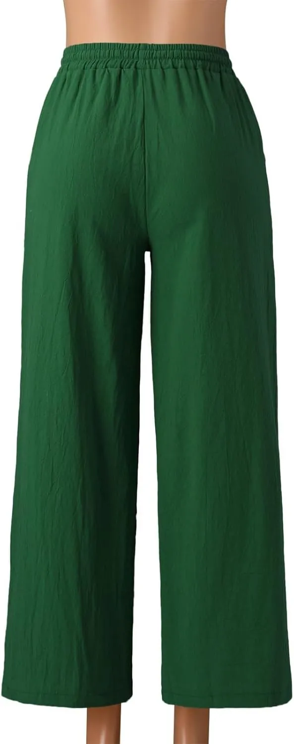 JOFOW Women Summer Pants Loose Solid Color Wide Leg with Pocket Elastic Pants Cotton Linen Trousers