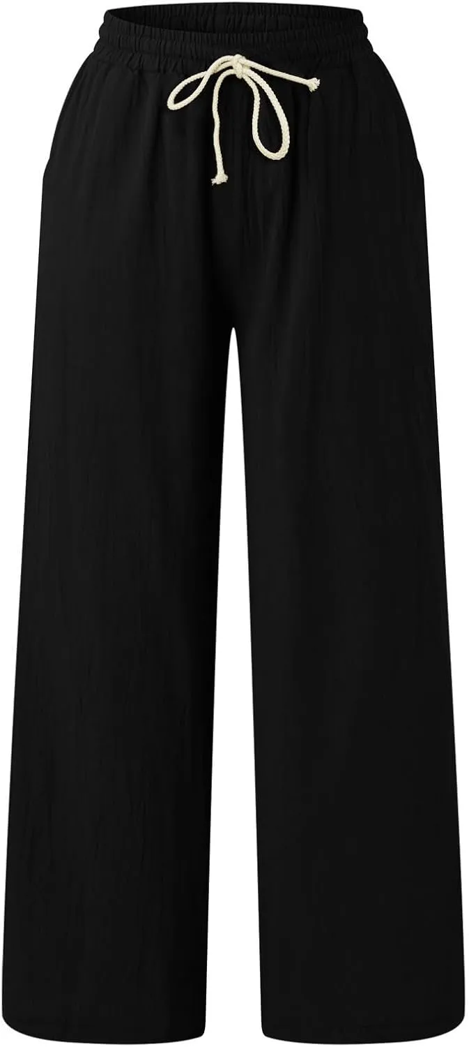 JOFOW Women Summer Pants Loose Solid Color Wide Leg with Pocket Elastic Pants Cotton Linen Trousers