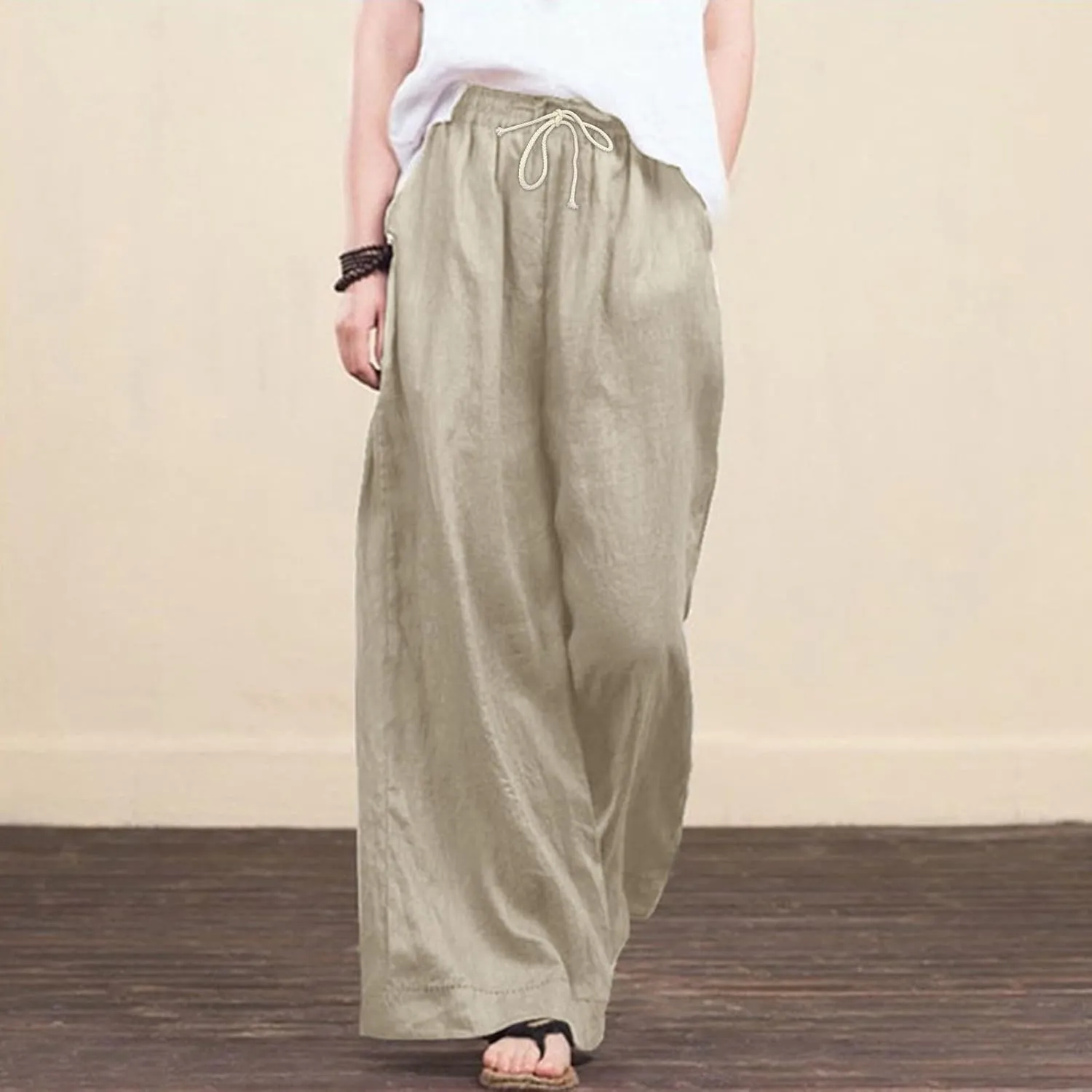 JOFOW Women Summer Pants Loose Solid Color Wide Leg with Pocket Elastic Pants Cotton Linen Trousers