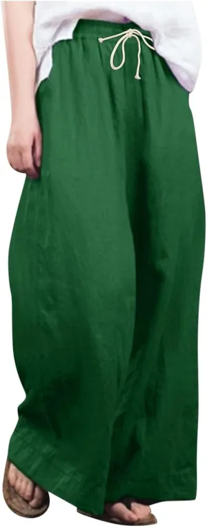 JOFOW Women Summer Pants Loose Solid Color Wide Leg with Pocket Elastic Pants Cotton Linen Trousers