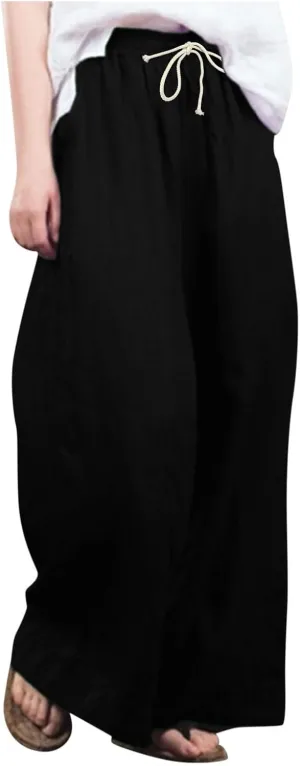 JOFOW Women Summer Pants Loose Solid Color Wide Leg with Pocket Elastic Pants Cotton Linen Trousers