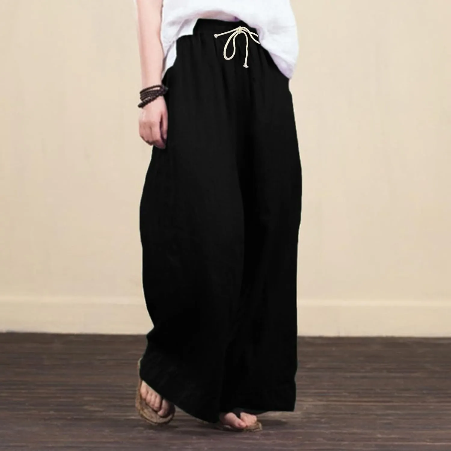 JOFOW Women Summer Pants Loose Solid Color Wide Leg with Pocket Elastic Pants Cotton Linen Trousers