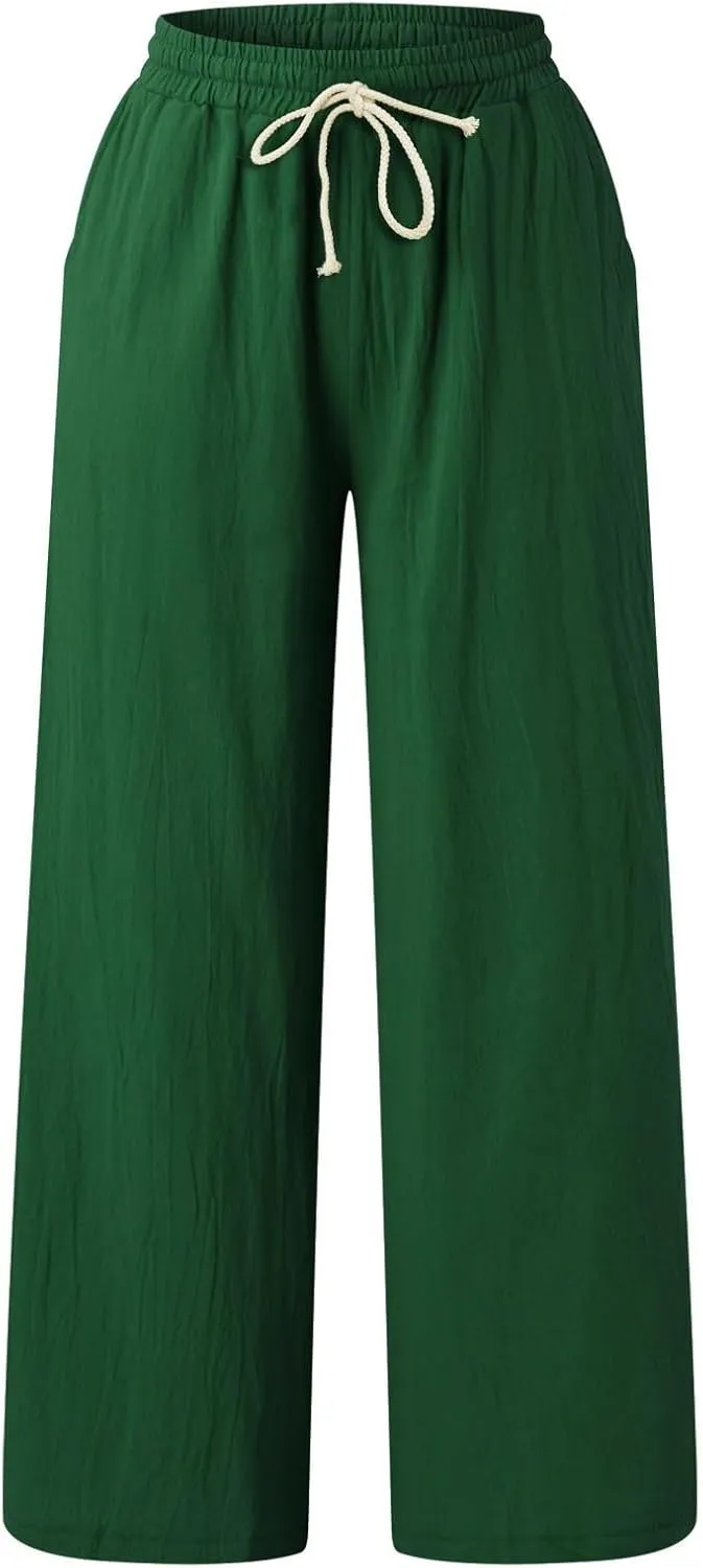 JOFOW Women Summer Pants Loose Solid Color Wide Leg with Pocket Elastic Pants Cotton Linen Trousers