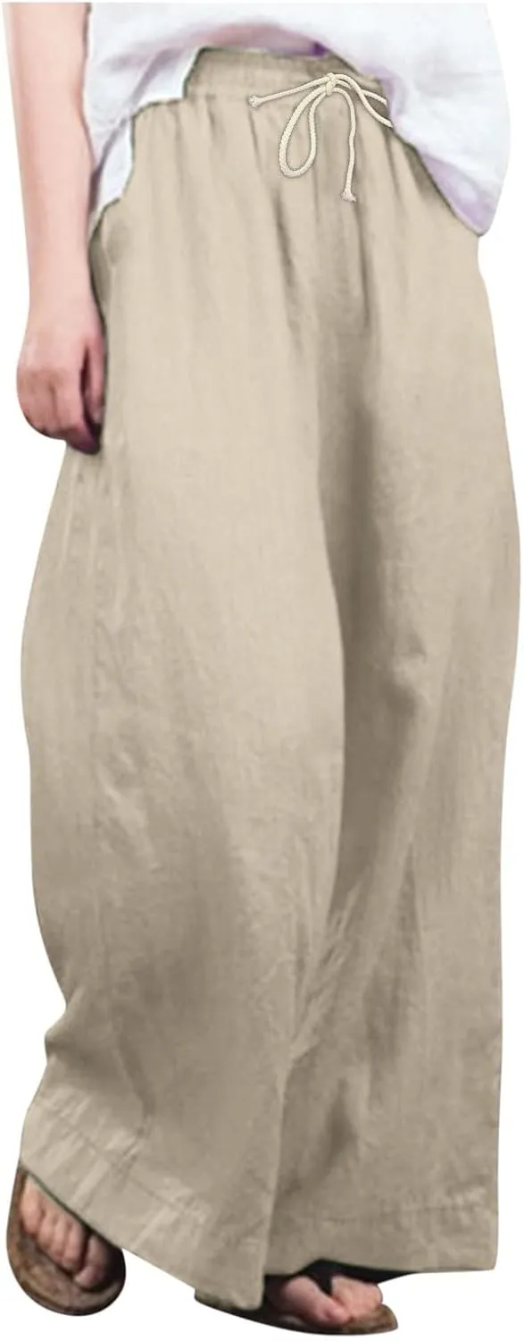 JOFOW Women Summer Pants Loose Solid Color Wide Leg with Pocket Elastic Pants Cotton Linen Trousers