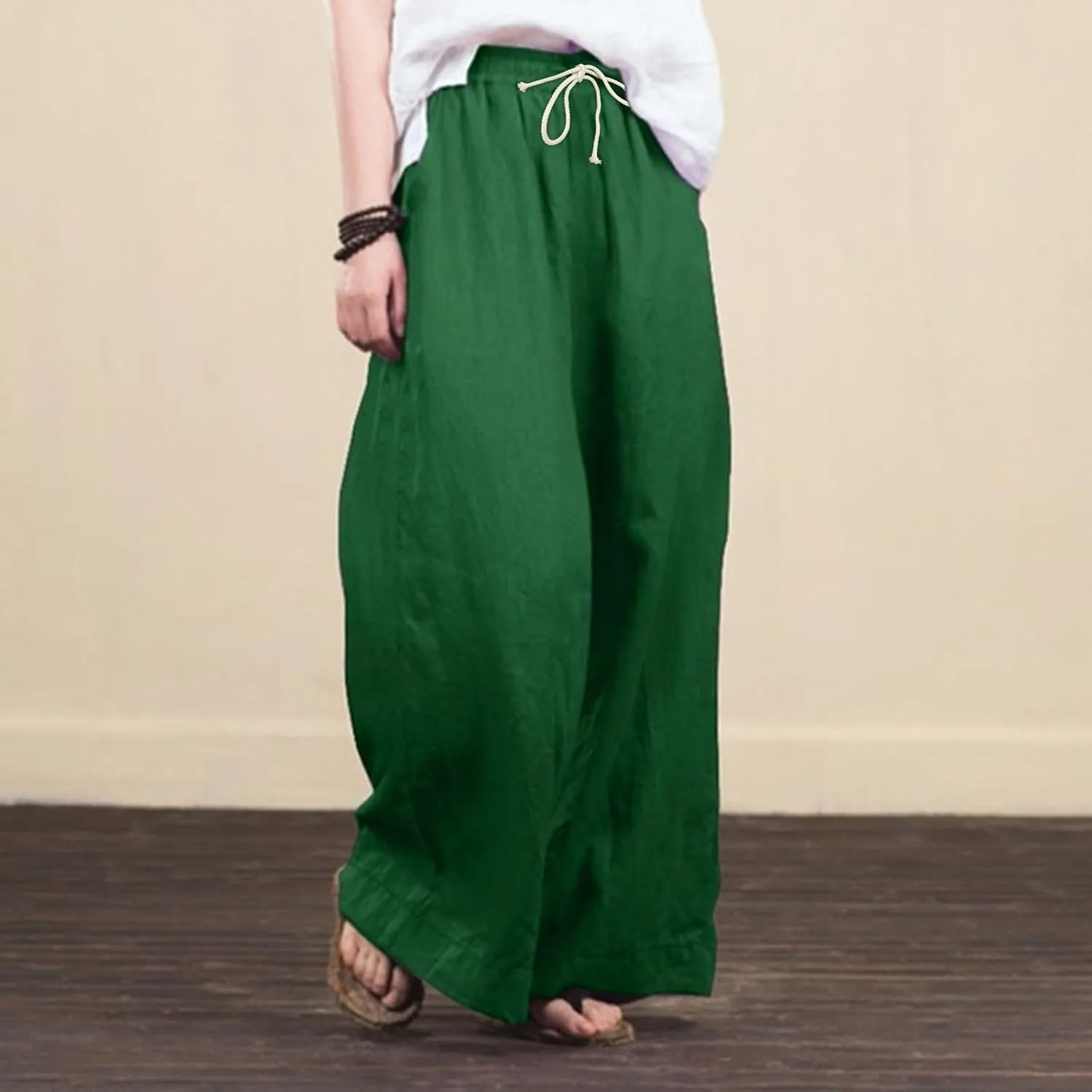 JOFOW Women Summer Pants Loose Solid Color Wide Leg with Pocket Elastic Pants Cotton Linen Trousers