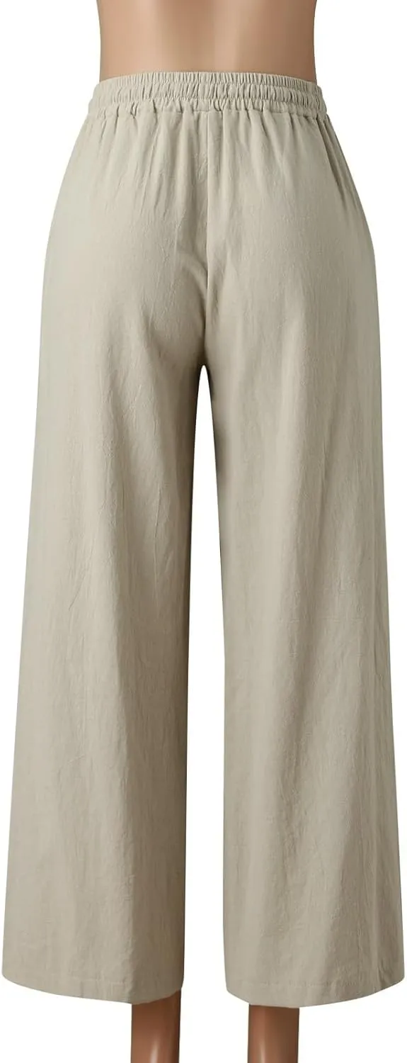 JOFOW Women Summer Pants Loose Solid Color Wide Leg with Pocket Elastic Pants Cotton Linen Trousers