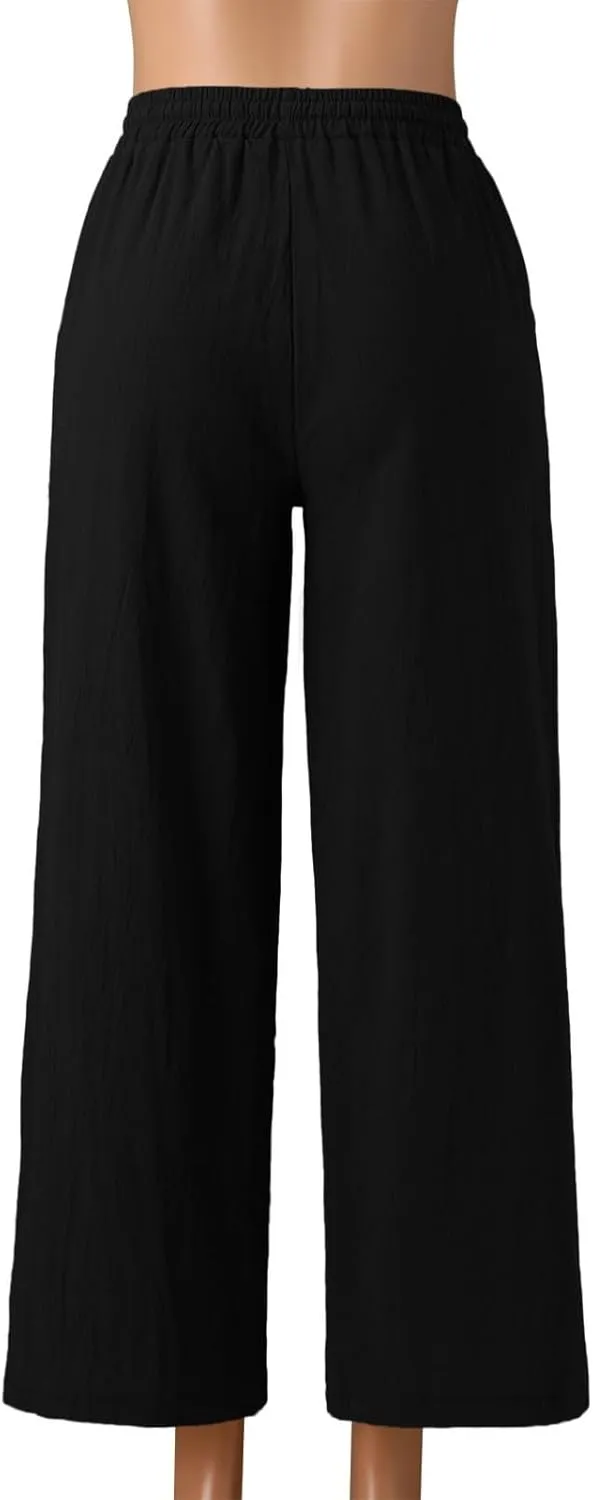 JOFOW Women Summer Pants Loose Solid Color Wide Leg with Pocket Elastic Pants Cotton Linen Trousers