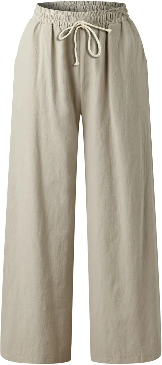 JOFOW Women Summer Pants Loose Solid Color Wide Leg with Pocket Elastic Pants Cotton Linen Trousers