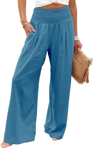 Linen Palazzo Pants for Women High Waist Summer Wide Leg Pants Lightweight Flowy Drawstring Smocked Lounge Trousers