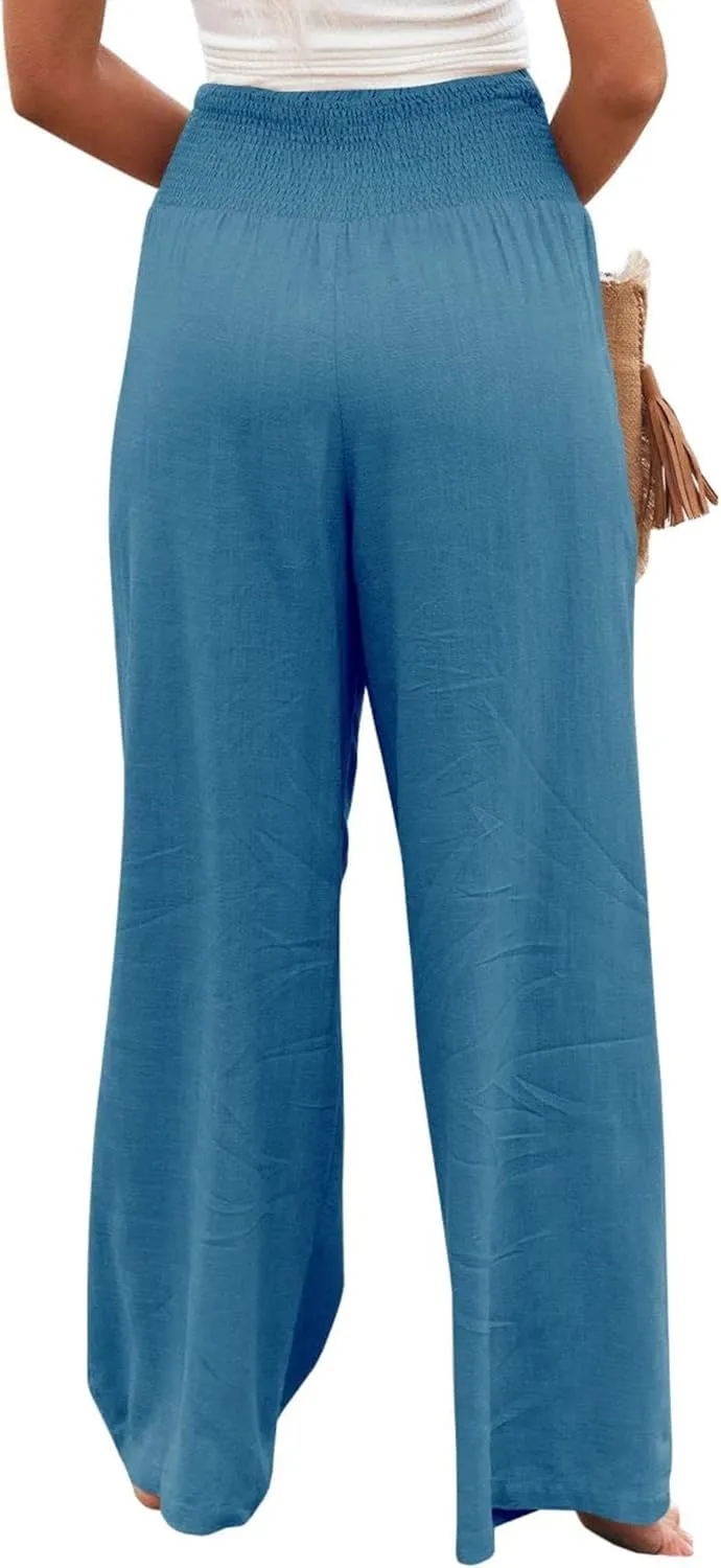 Linen Palazzo Pants for Women High Waist Summer Wide Leg Pants Lightweight Flowy Drawstring Smocked Lounge Trousers