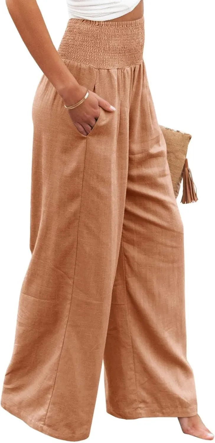 Linen Palazzo Pants for Women High Waist Summer Wide Leg Pants Lightweight Flowy Drawstring Smocked Lounge Trousers