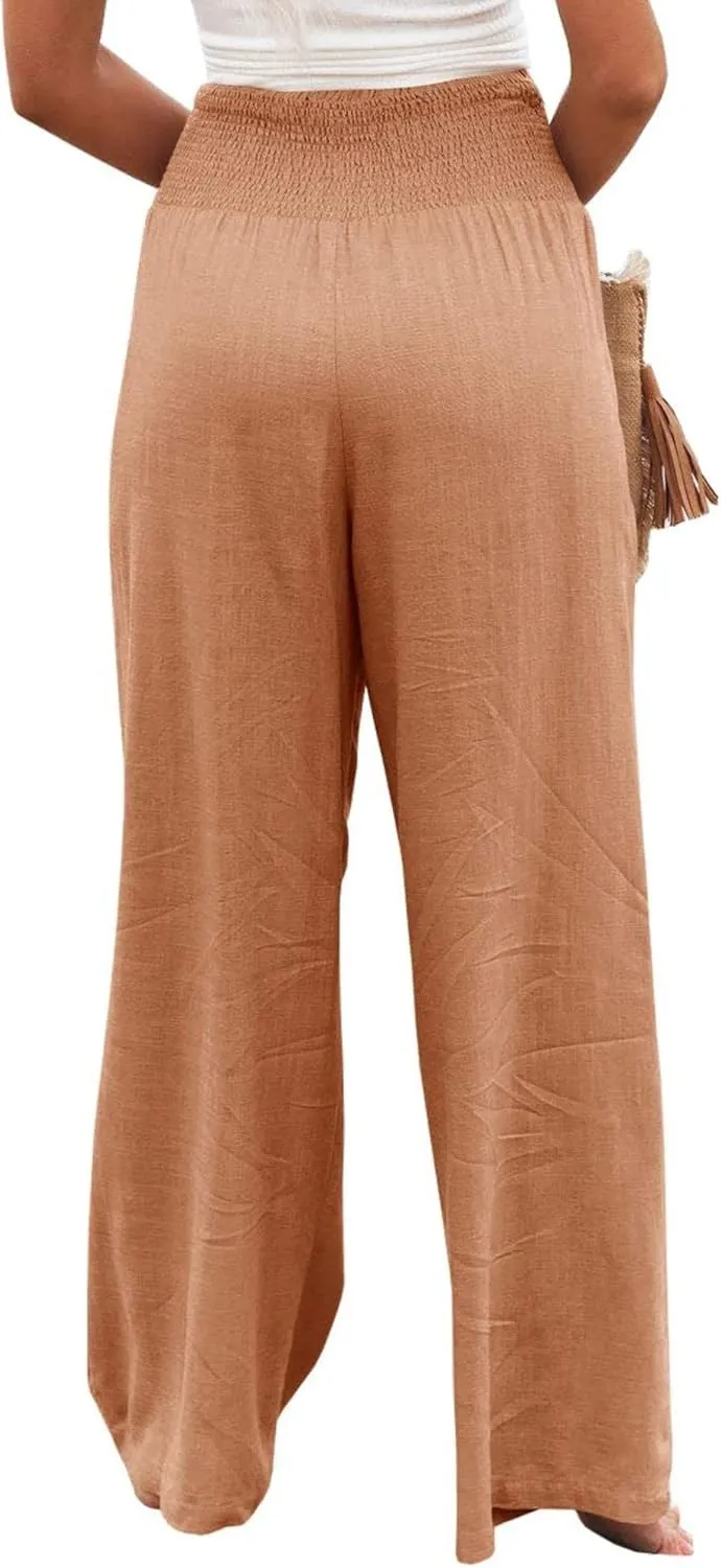 Linen Palazzo Pants for Women High Waist Summer Wide Leg Pants Lightweight Flowy Drawstring Smocked Lounge Trousers