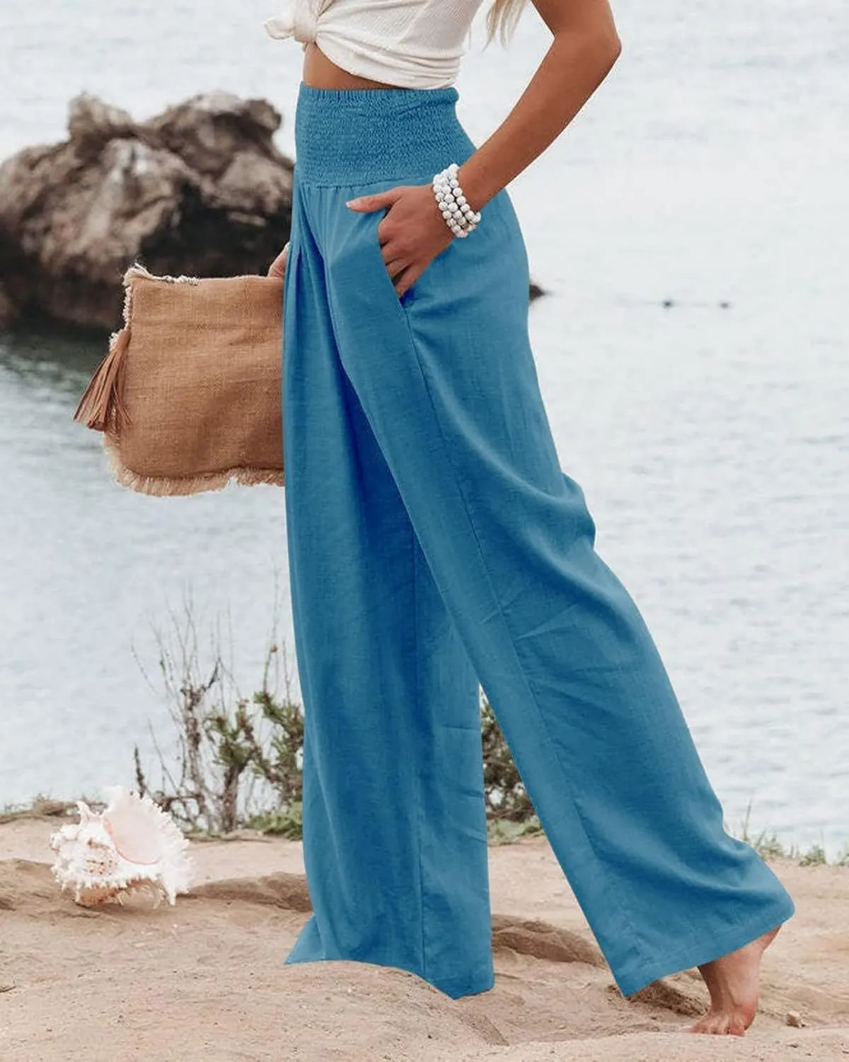Linen Palazzo Pants for Women High Waist Summer Wide Leg Pants Lightweight Flowy Drawstring Smocked Lounge Trousers