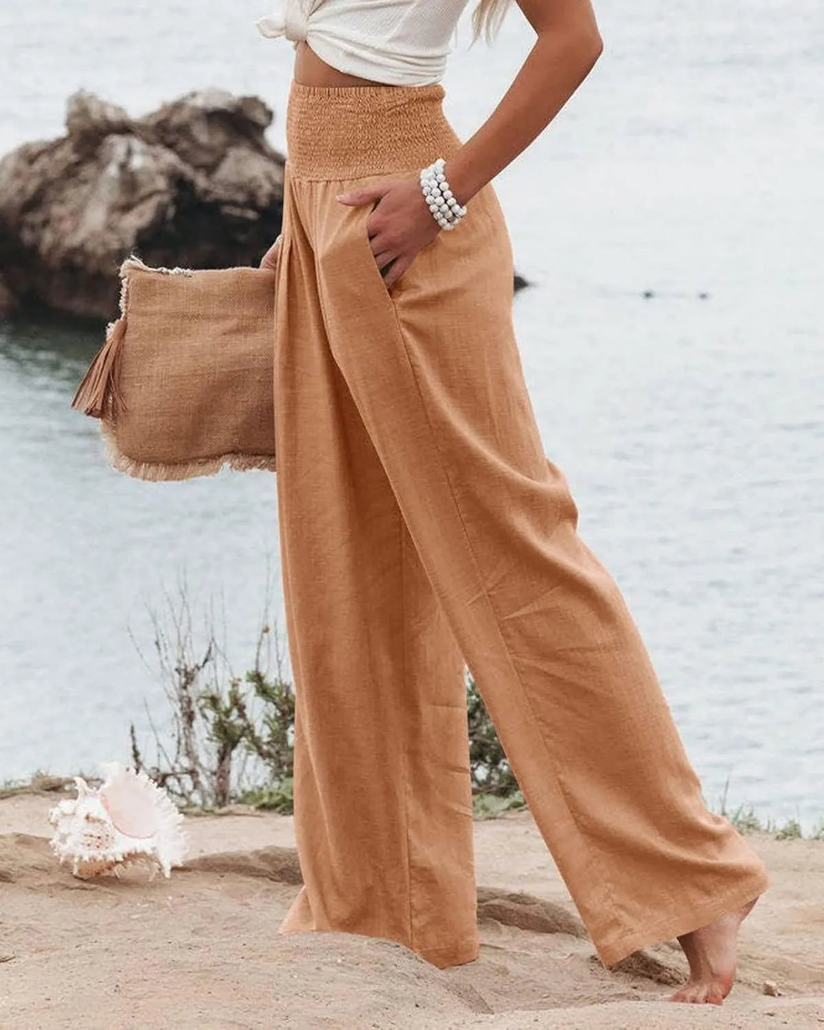 Linen Palazzo Pants for Women High Waist Summer Wide Leg Pants Lightweight Flowy Drawstring Smocked Lounge Trousers
