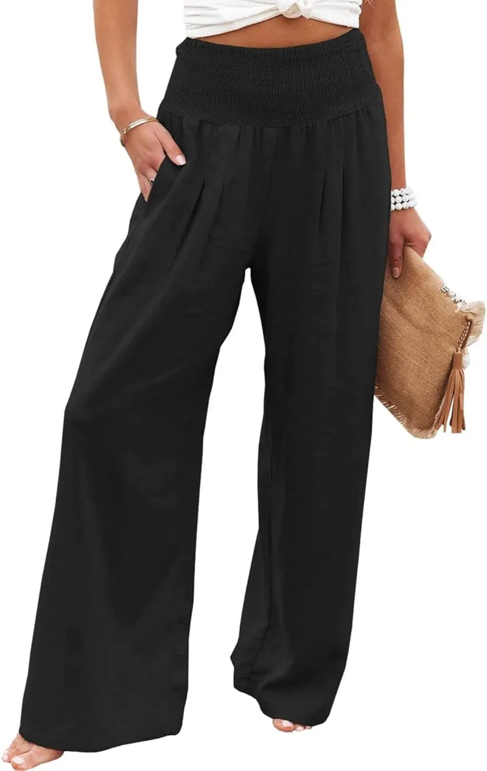 Linen Palazzo Pants for Women High Waist Summer Wide Leg Pants Lightweight Flowy Drawstring Smocked Lounge Trousers