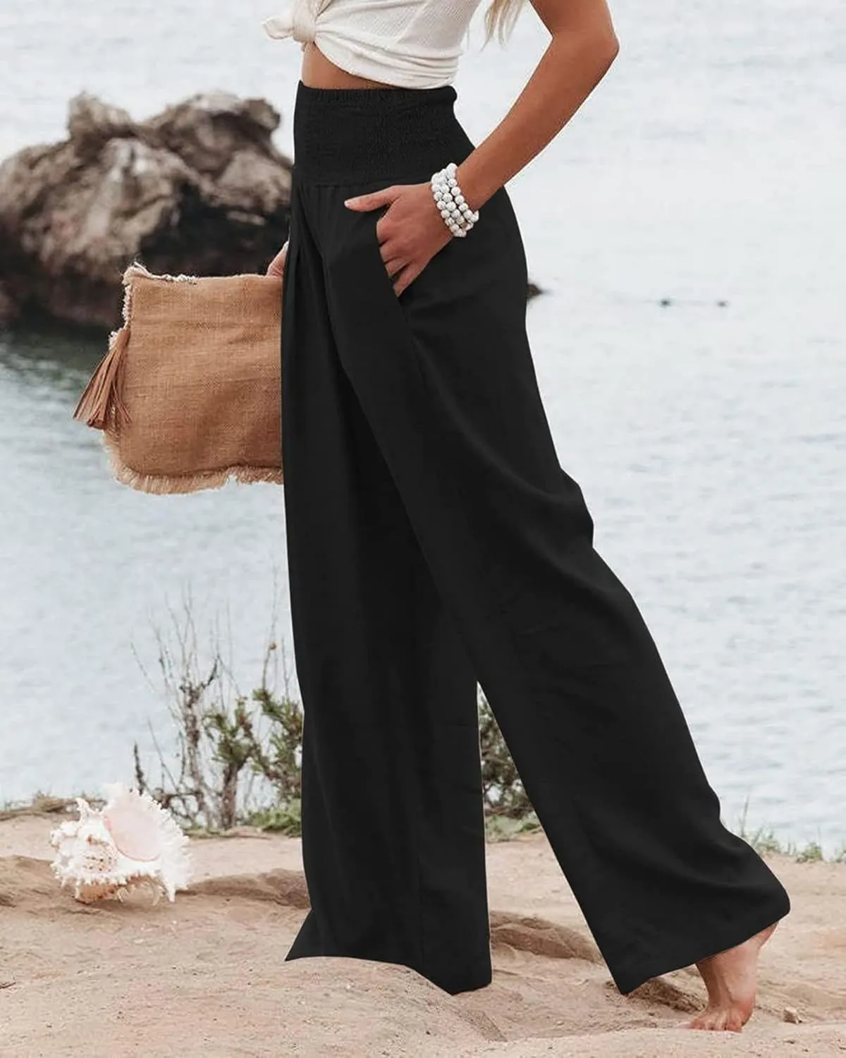 Linen Palazzo Pants for Women High Waist Summer Wide Leg Pants Lightweight Flowy Drawstring Smocked Lounge Trousers