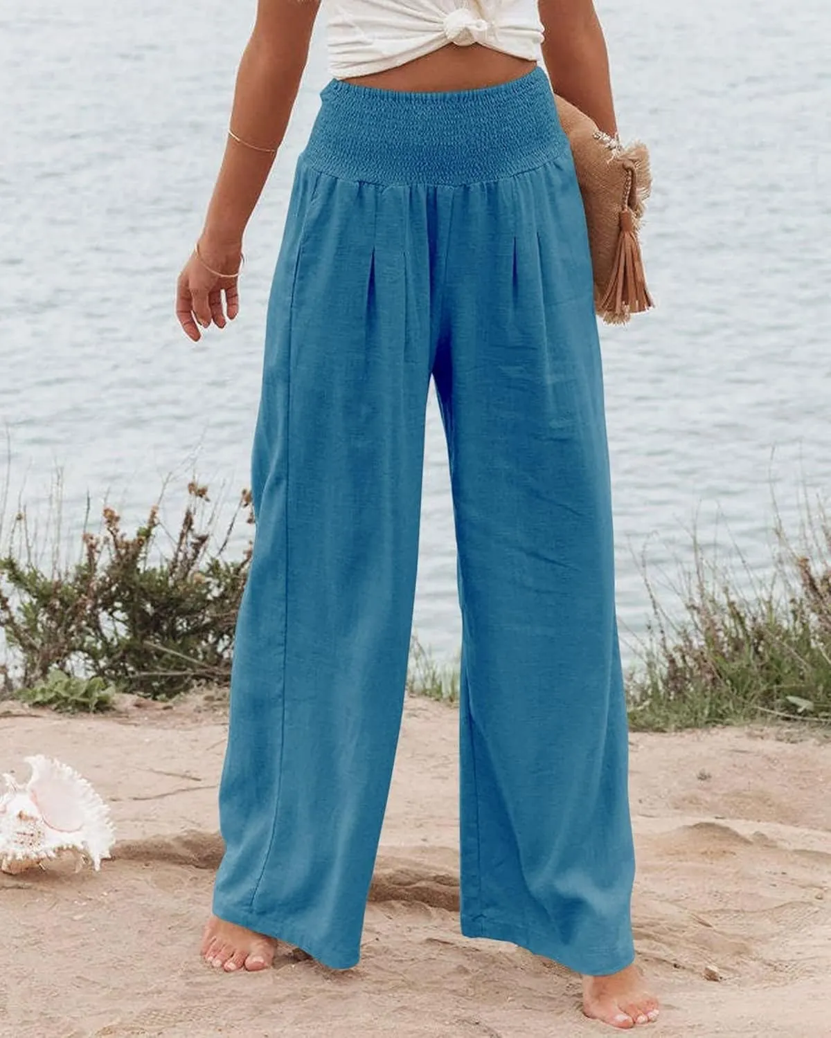 Linen Palazzo Pants for Women High Waist Summer Wide Leg Pants Lightweight Flowy Drawstring Smocked Lounge Trousers