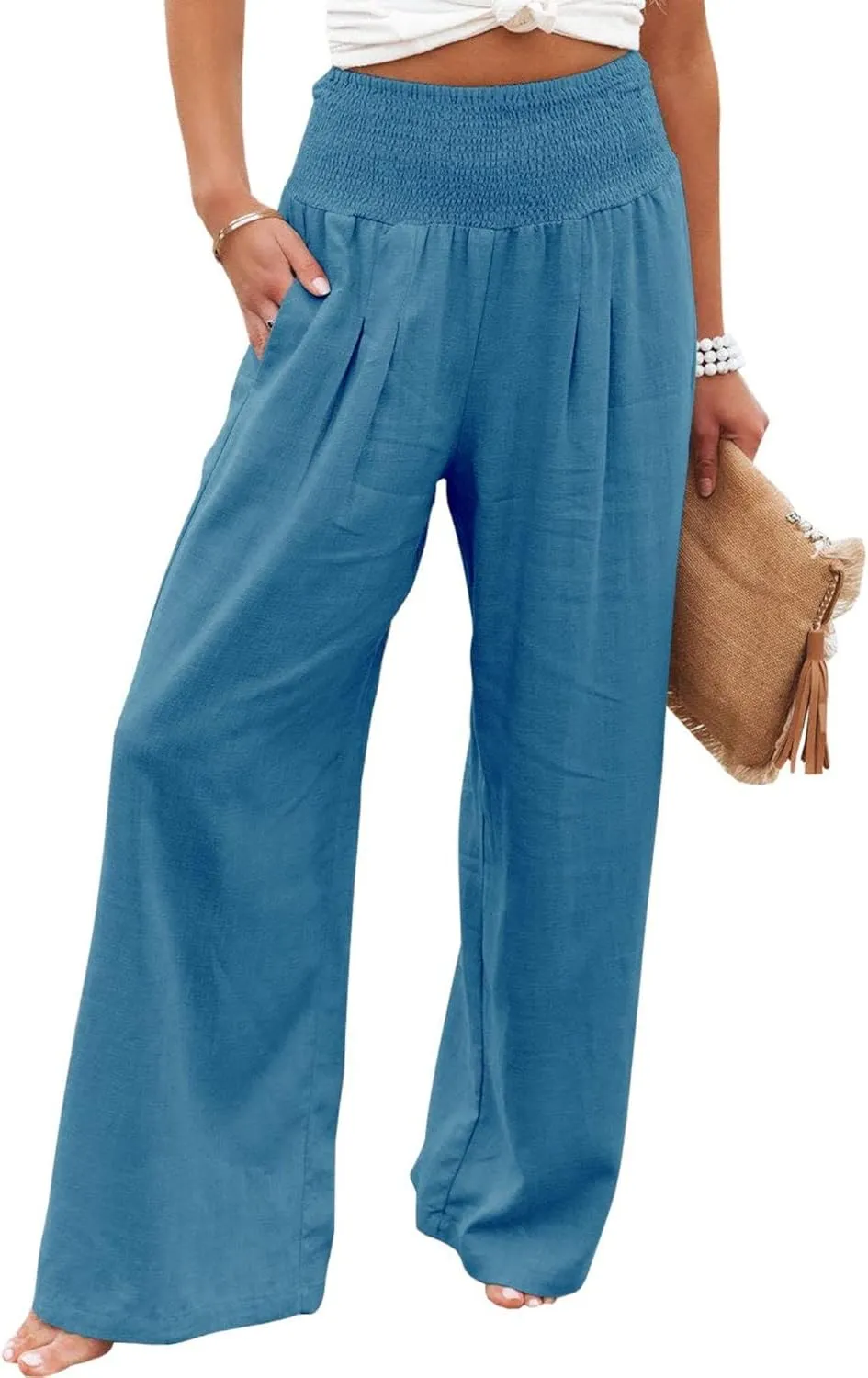 Linen Palazzo Pants for Women High Waist Summer Wide Leg Pants Lightweight Flowy Drawstring Smocked Lounge Trousers