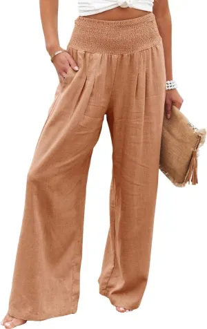 Linen Palazzo Pants for Women High Waist Summer Wide Leg Pants Lightweight Flowy Drawstring Smocked Lounge Trousers