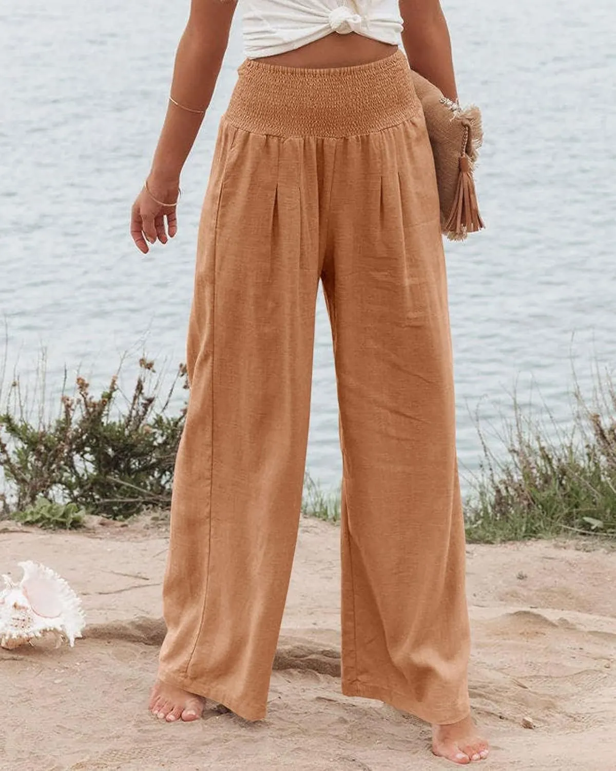 Linen Palazzo Pants for Women High Waist Summer Wide Leg Pants Lightweight Flowy Drawstring Smocked Lounge Trousers