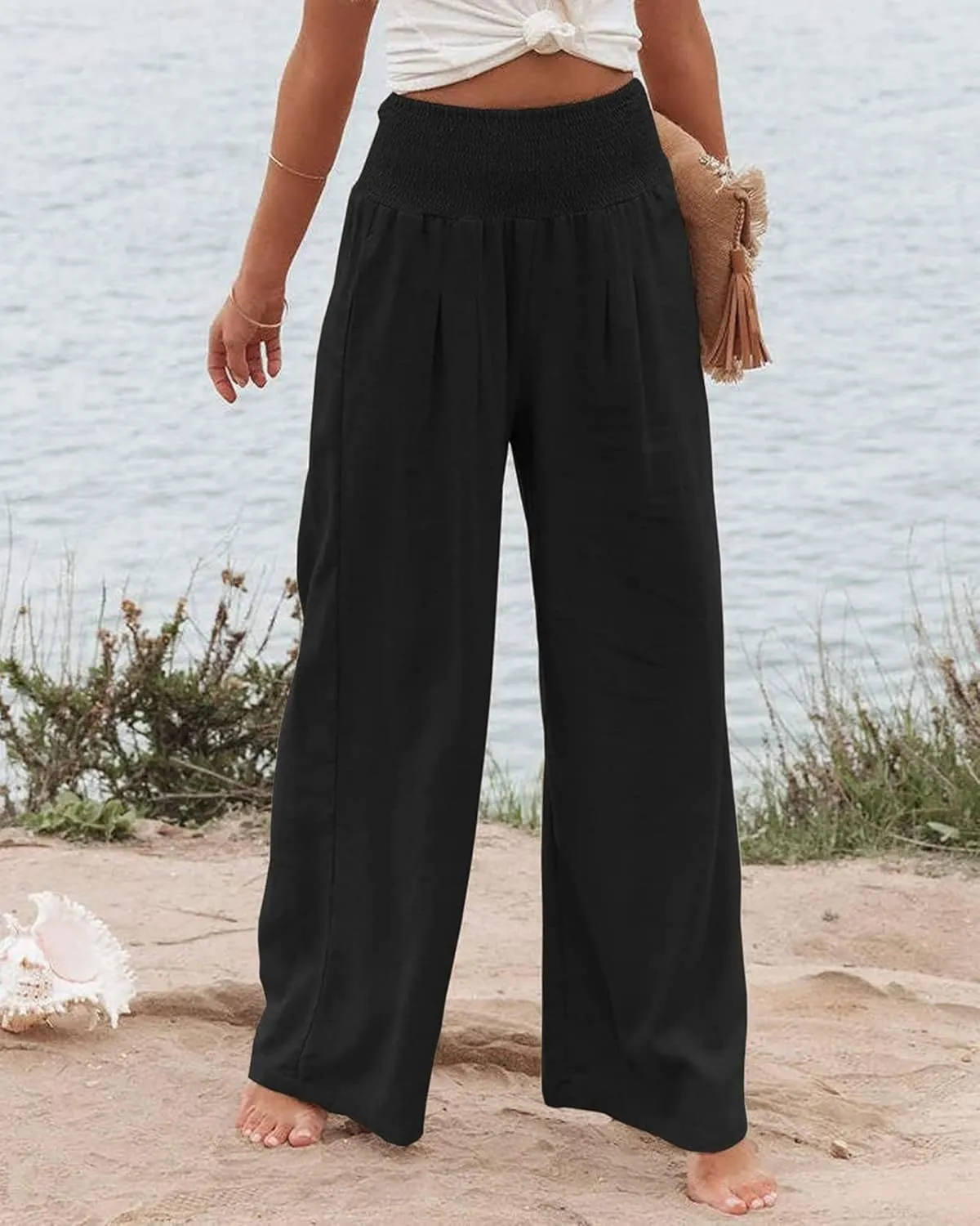 Linen Palazzo Pants for Women High Waist Summer Wide Leg Pants Lightweight Flowy Drawstring Smocked Lounge Trousers