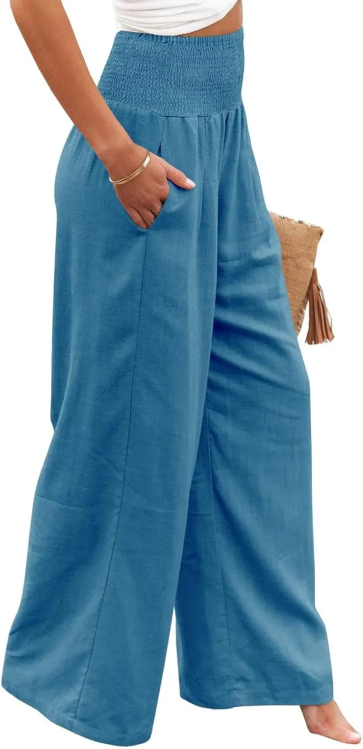 Linen Palazzo Pants for Women High Waist Summer Wide Leg Pants Lightweight Flowy Drawstring Smocked Lounge Trousers