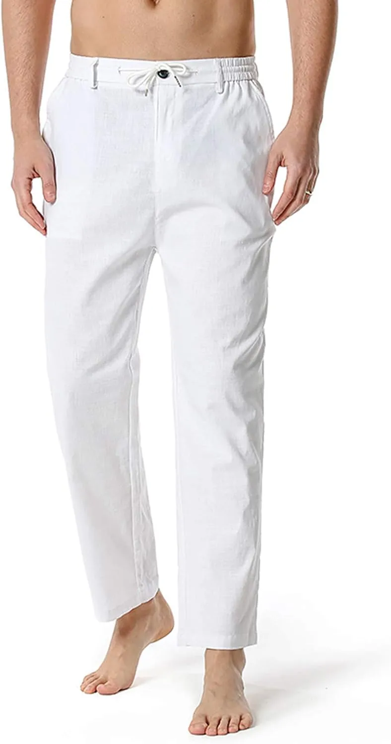 Linen Pants for Men Beach Wedding Casual Classic Elastic Waist Beach Pants Summer Lightweight Trouser with Pockets