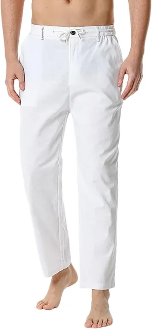 Linen Pants for Men Beach Wedding Casual Classic Elastic Waist Beach Pants Summer Lightweight Trouser with Pockets