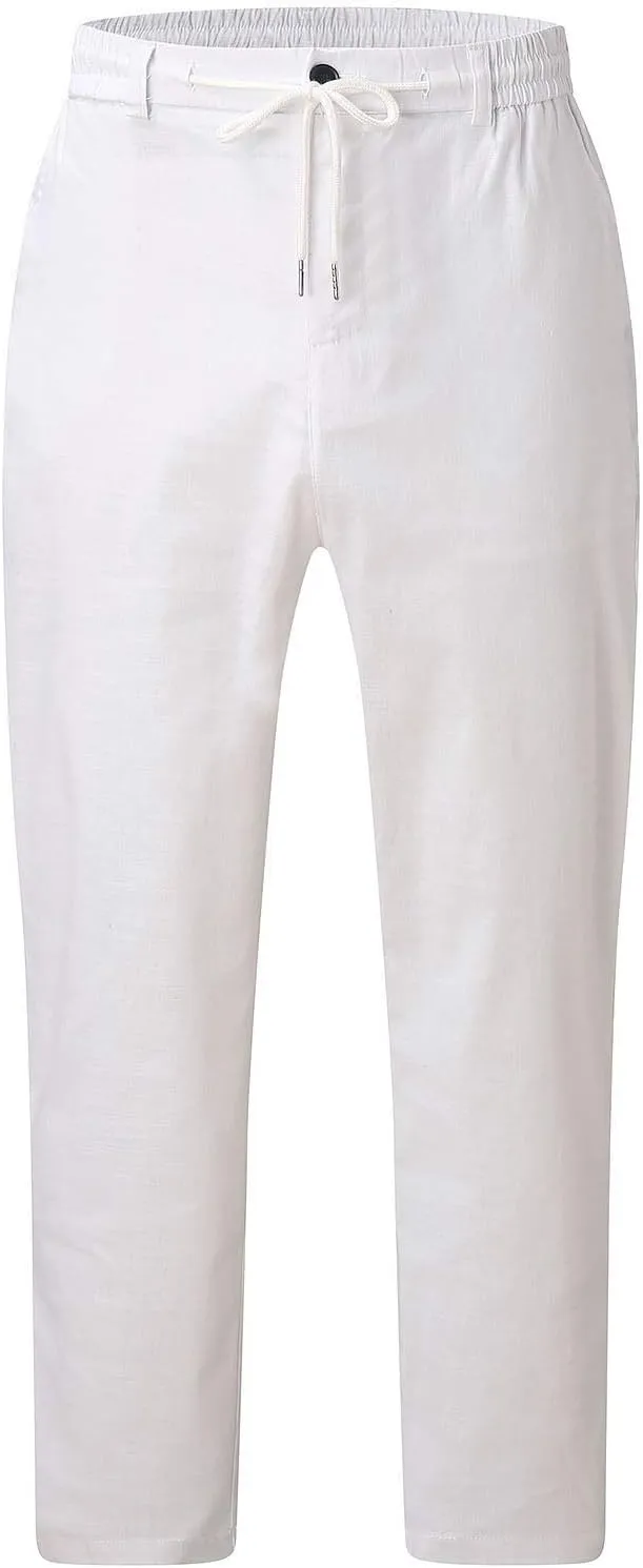 Linen Pants for Men Beach Wedding Casual Classic Elastic Waist Beach Pants Summer Lightweight Trouser with Pockets