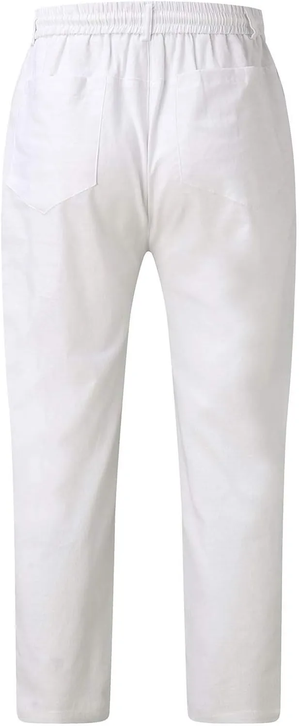 Linen Pants for Men Beach Wedding Casual Classic Elastic Waist Beach Pants Summer Lightweight Trouser with Pockets