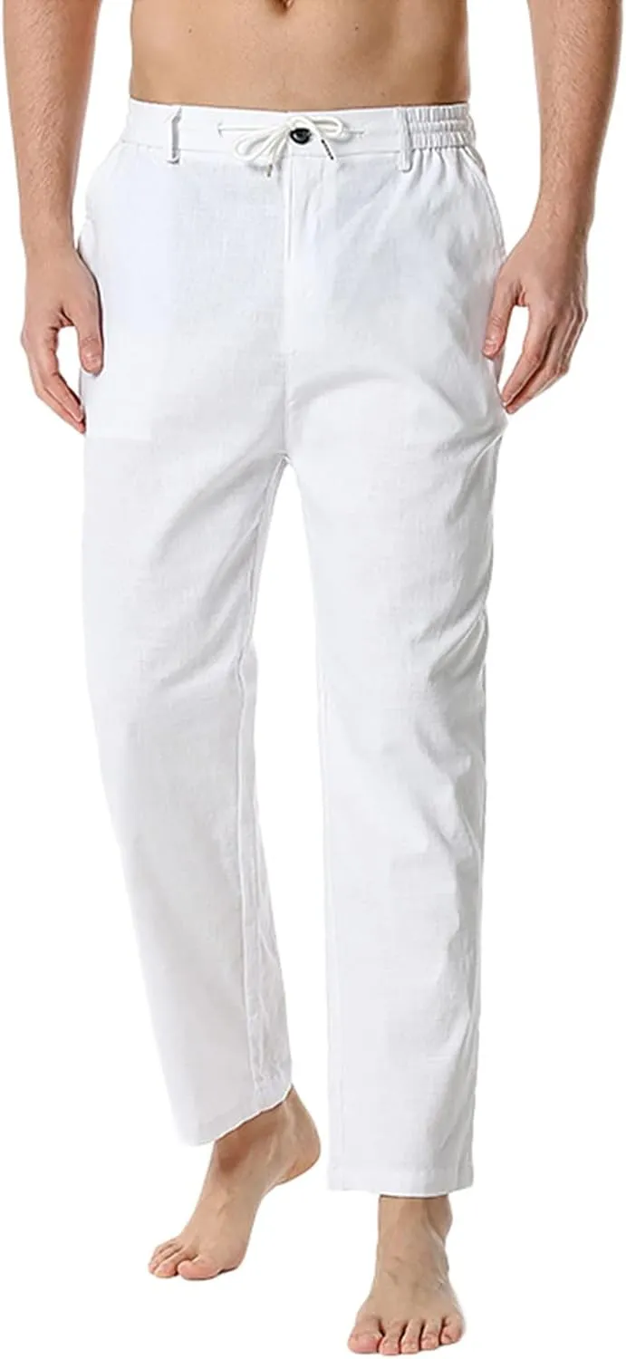 Linen Pants for Men Beach Wedding Casual Classic Elastic Waist Beach Pants Summer Lightweight Trouser with Pockets