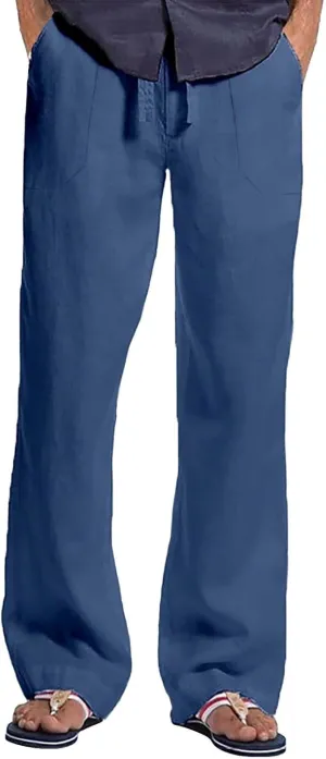 Linen Pants for Men Loose Fit Casual Classic Summer Beach Pant Lightweight Breathable Flat Front Trouser with Pockets