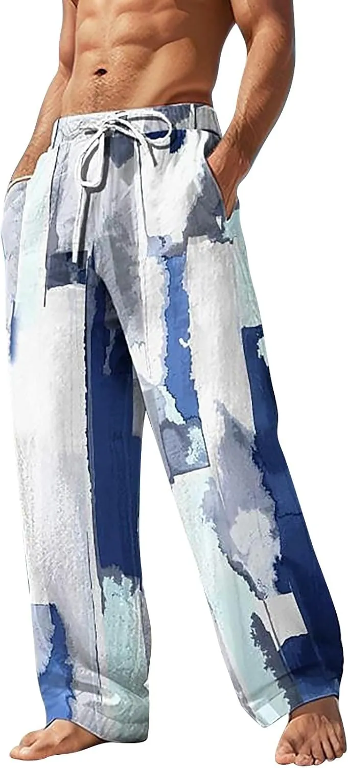 Linen Pants for Men Loose Fit Casual Elastic Waist Summer Beach Pants Lightweight Breathable Yoga Vacation Trousers