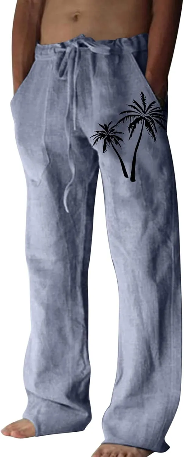 Linen Pants Men Slim Fit Casual Drawstring Elastic Waist Tree Printed Beach Yoga Pants Summer Lightweight Trousers