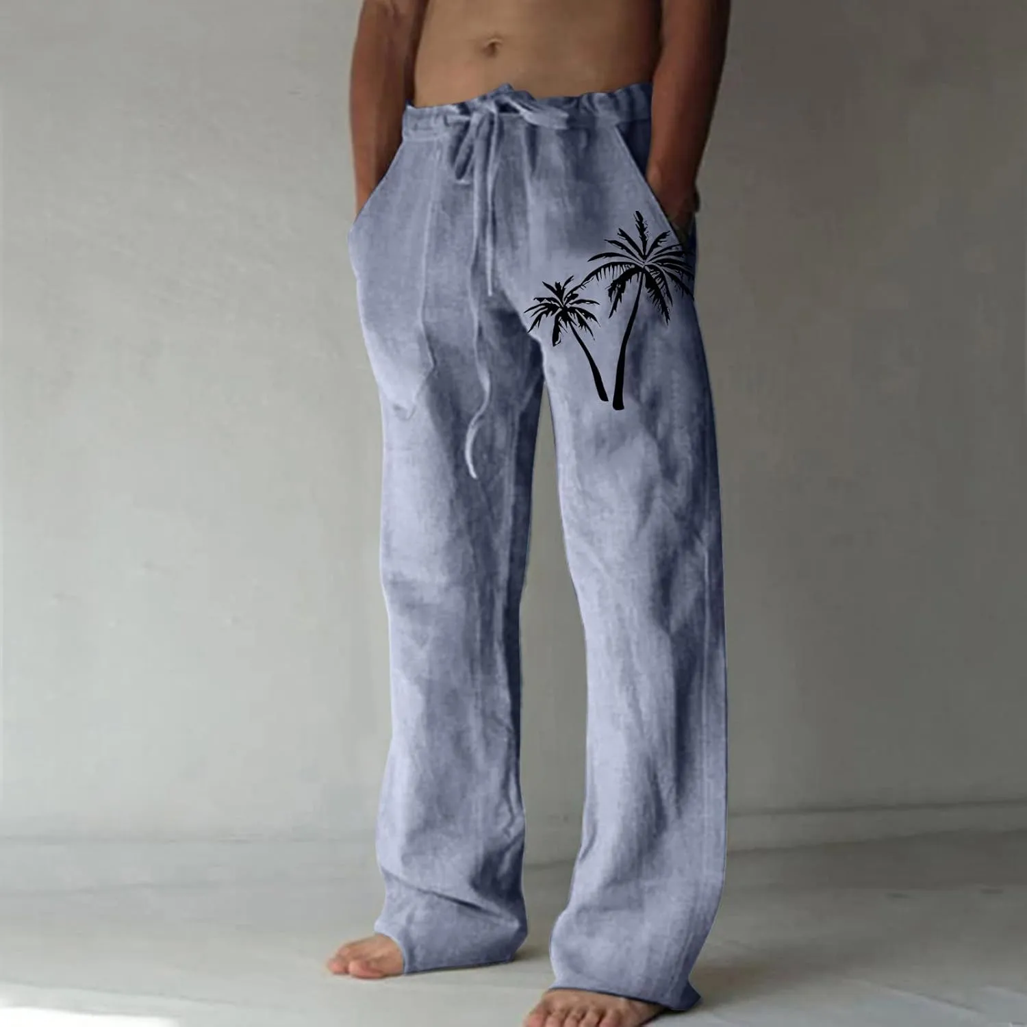 Linen Pants Men Slim Fit Casual Drawstring Elastic Waist Tree Printed Beach Yoga Pants Summer Lightweight Trousers