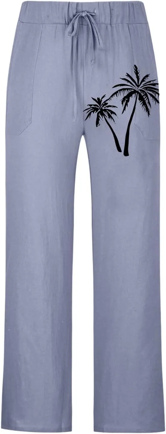 Linen Pants Men Slim Fit Casual Drawstring Elastic Waist Tree Printed Beach Yoga Pants Summer Lightweight Trousers