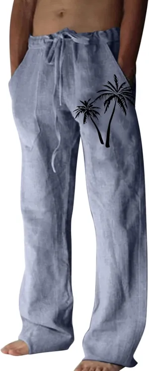 Linen Pants Men Slim Fit Casual Drawstring Elastic Waist Tree Printed Beach Yoga Pants Summer Lightweight Trousers