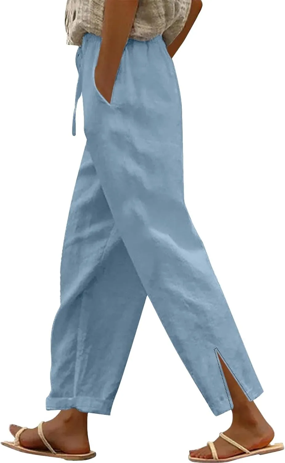 Linen Pants Women High Waisted Beach Pants Loose Lightweight Wide Leg Trousers with Pockets Workout Vacation Capris