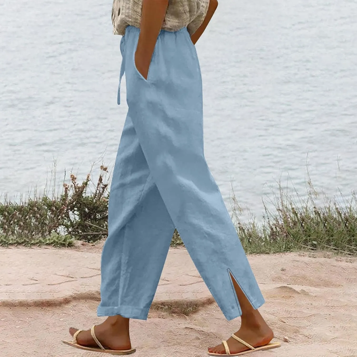 Linen Pants Women High Waisted Beach Pants Loose Lightweight Wide Leg Trousers with Pockets Workout Vacation Capris