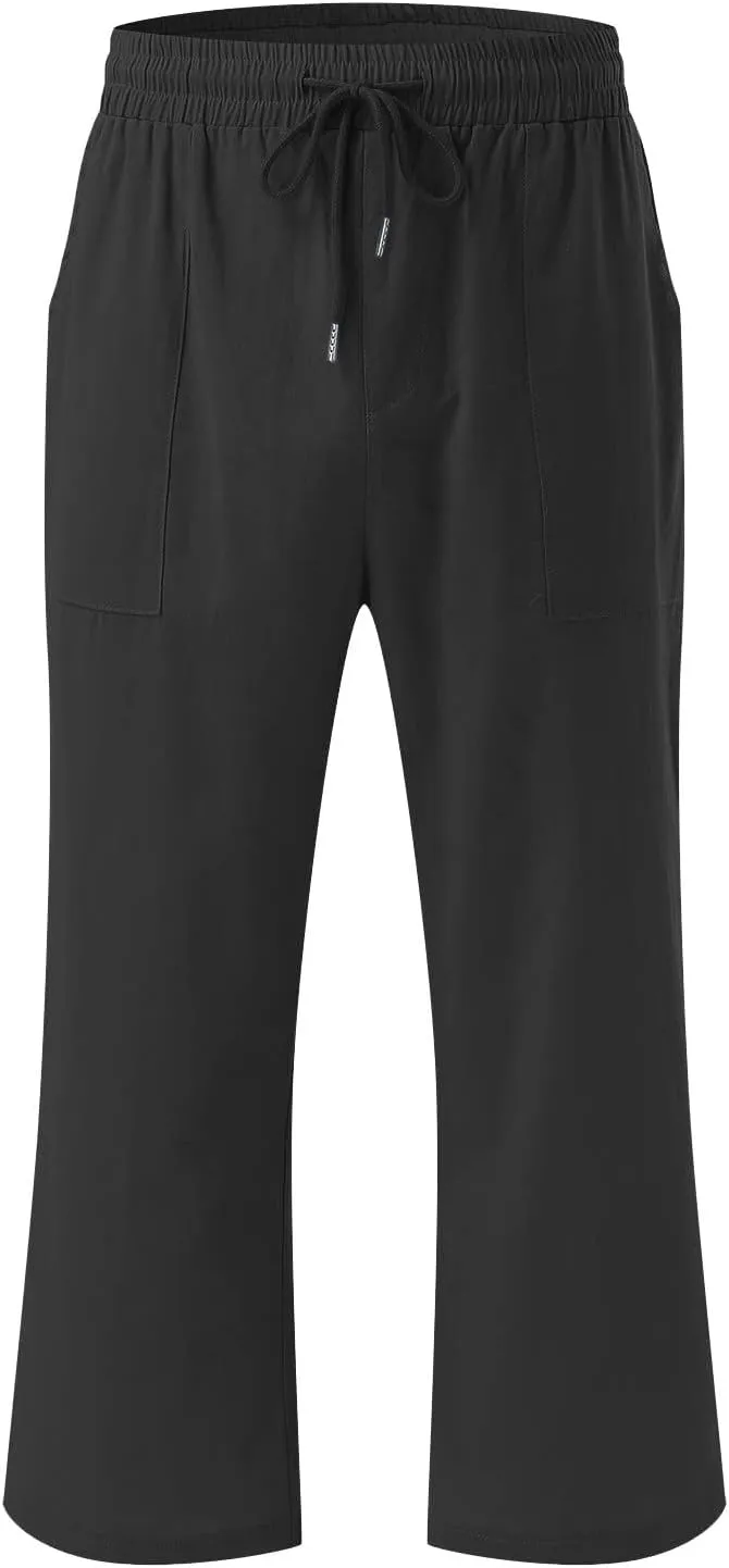 Lmdudan 2025 Capri Pants for Women Summer Linen Pants Drawstring Waisted Casual Wide Leg Trousers Cropped Pants with Pockets