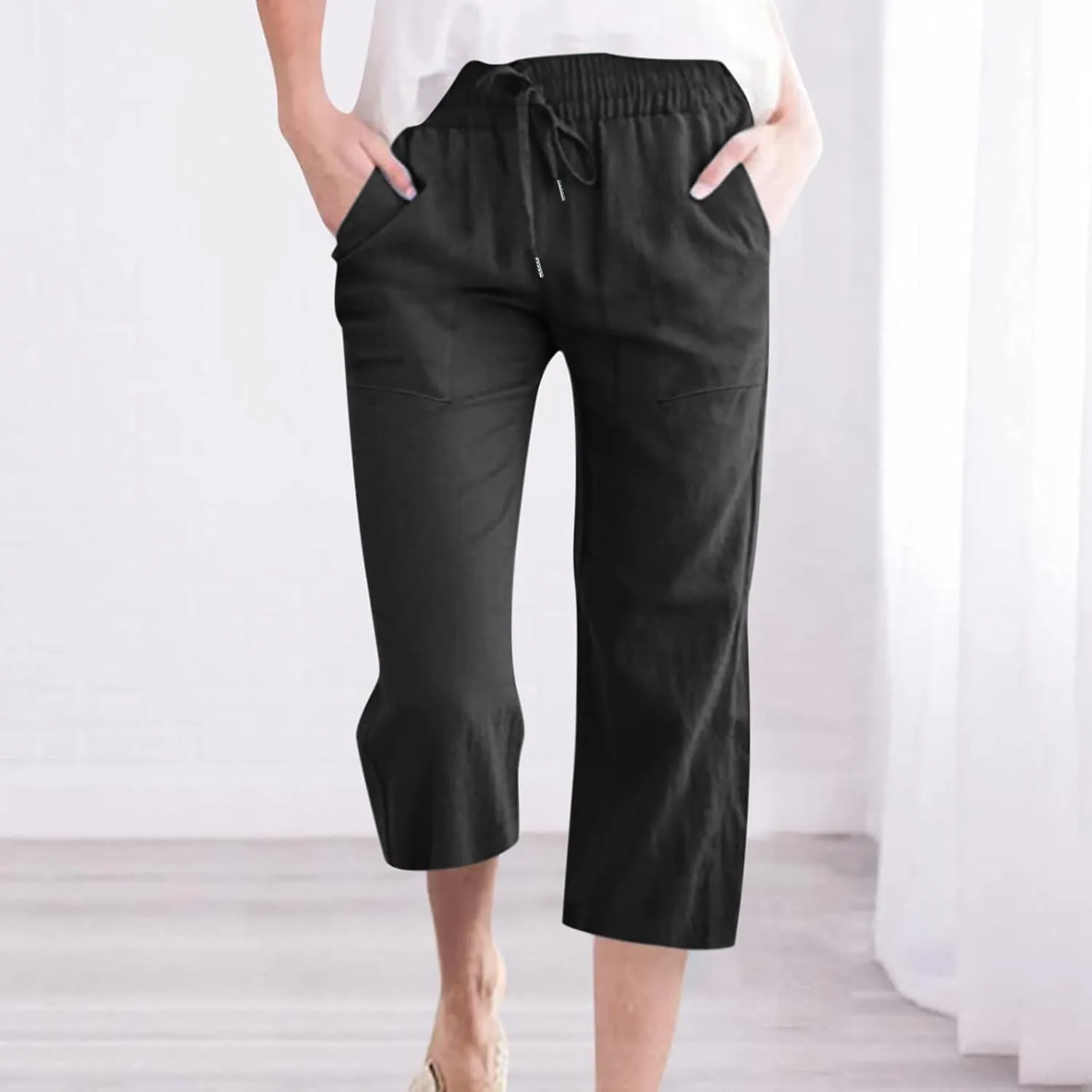 Lmdudan 2025 Capri Pants for Women Summer Linen Pants Drawstring Waisted Casual Wide Leg Trousers Cropped Pants with Pockets