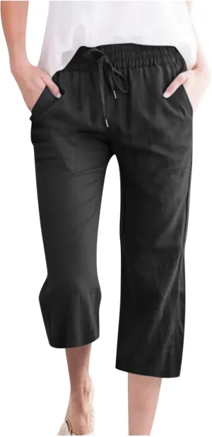 Lmdudan 2025 Capri Pants for Women Summer Linen Pants Drawstring Waisted Casual Wide Leg Trousers Cropped Pants with Pockets