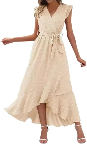 Long Dresses for Women Casual Loose Soft Flowy V Neck Sleeveless Wrap Dress Summer Asymmetrical Slit Maxi Sundress
