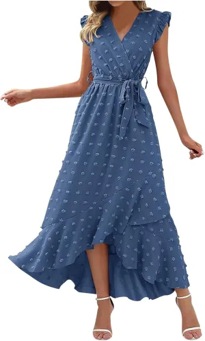 Long Dresses for Women Casual Loose Soft Flowy V Neck Sleeveless Wrap Dress Summer Asymmetrical Slit Maxi Sundress