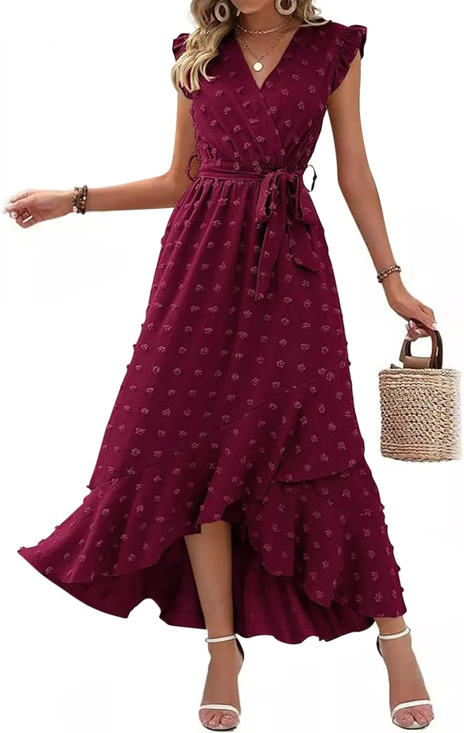 Long Dresses for Women Casual Loose Soft Flowy V Neck Sleeveless Wrap Dress Summer Asymmetrical Slit Maxi Sundress